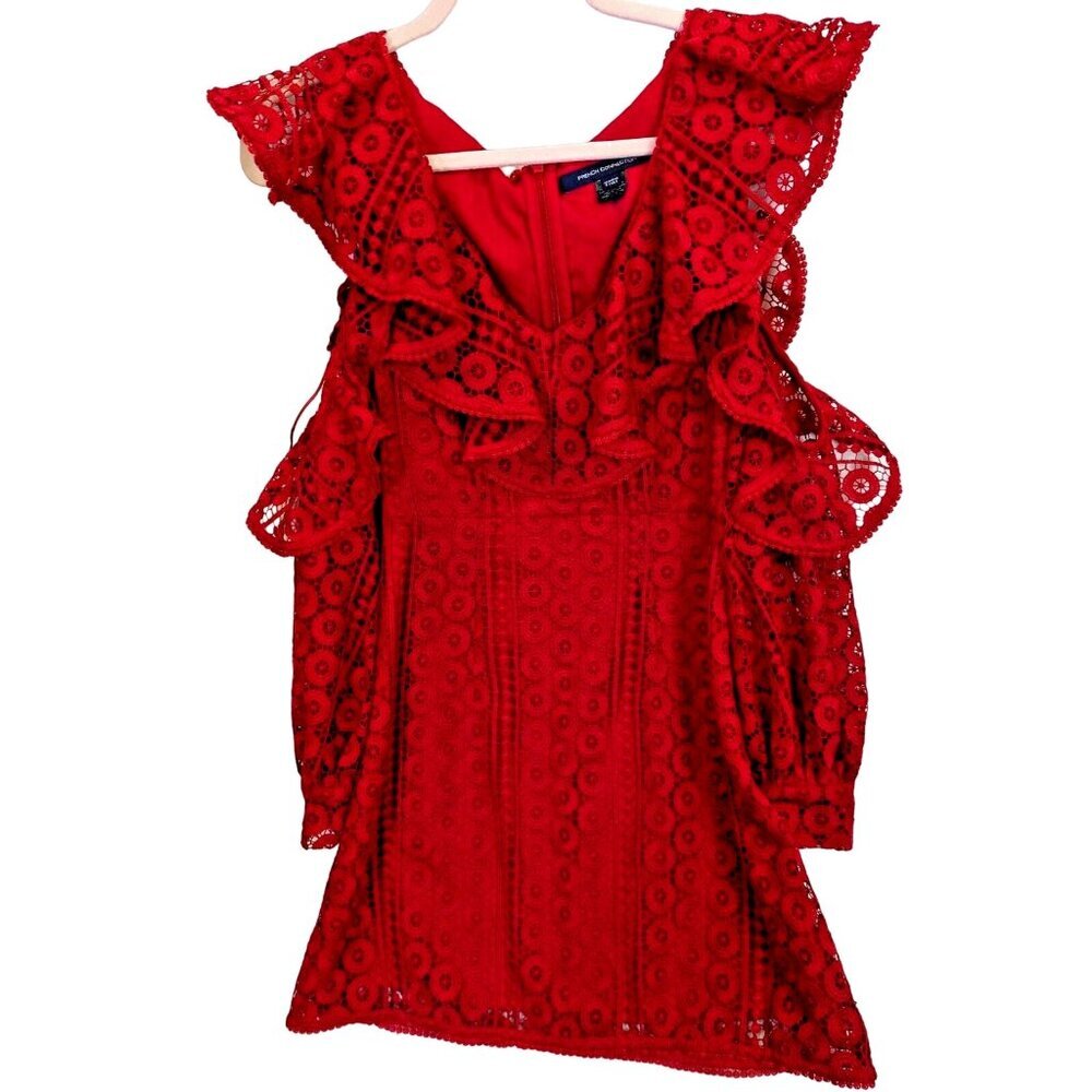 French Connection Women size 2 Red Lace V-Neck Ruffle Cold Shoulder Party Dress